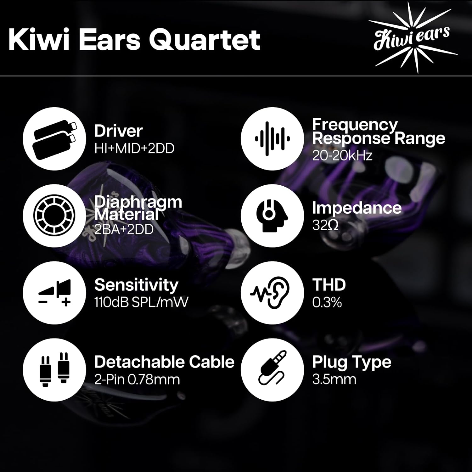 Cuffie Da Gioco, Kiwi Ears Quartet – Auricolari In-Ear Ibridi 2DD+2BA con Tuning Personalizzabile & Bassi Subwoofer