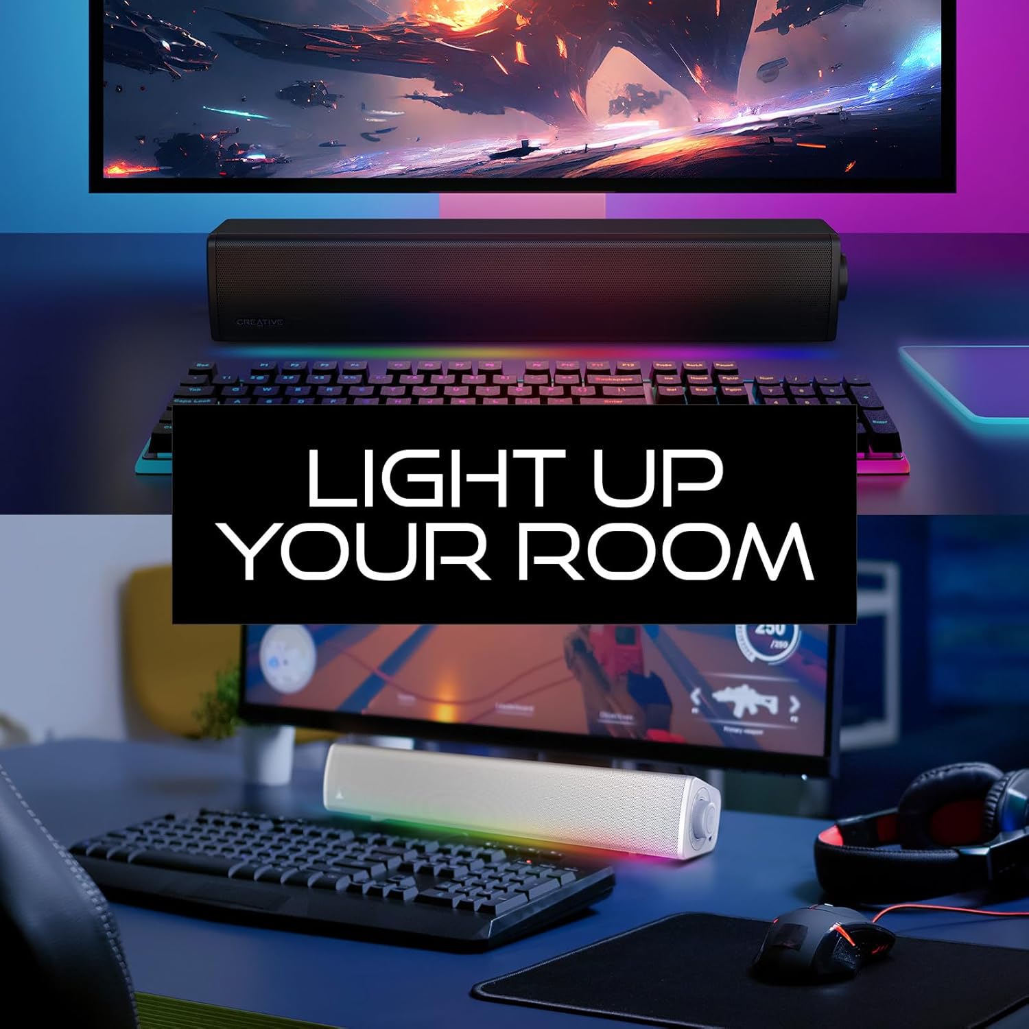 Speaker USB CREATIVE Soundbar compatta da gaming Sound Blaster GS3 (Bianca) con RGB e tecnologia SuperWide, Bluetooth 5.4