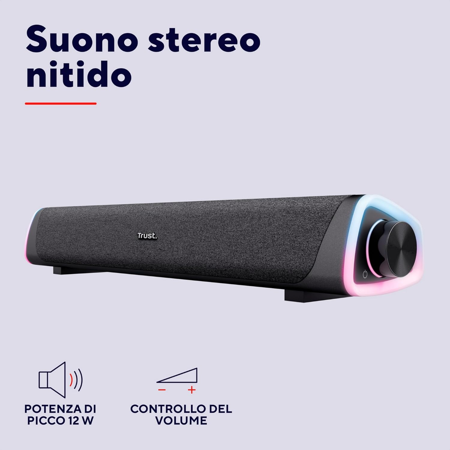 Speaker USB Trust Liro Soundbar PC 12W, Stereo Speaker con Illuminazione LED RGB, Sound Bar Jack AUX 3.5 mm, Casse PC