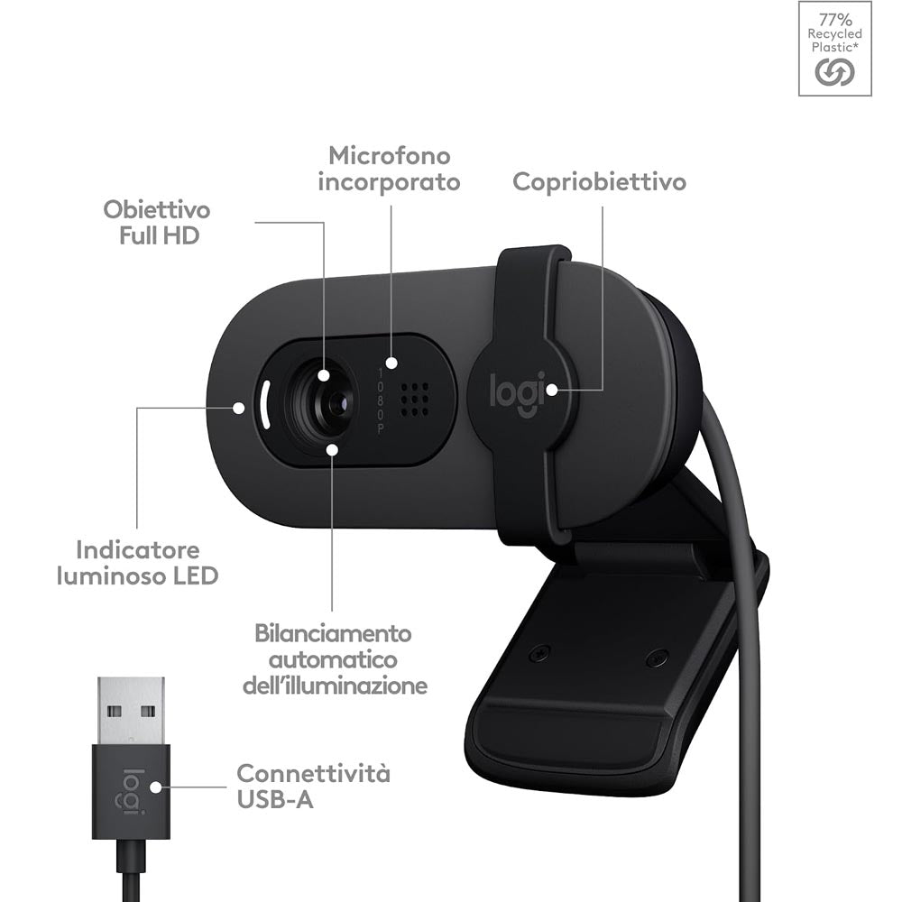 Webcam Logitech Brio 100 Full HD per riunioni e streaming, Videochiamate HD Widescreen, Correzione Automatica Luminosità, Microfono Riduzione del Rumore