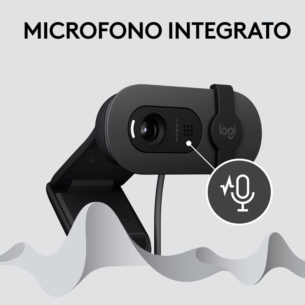 Webcam Logitech Brio 100 Full HD per riunioni e streaming, Videochiamate HD Widescreen, Correzione Automatica Luminosità, Microfono Riduzione del Rumore