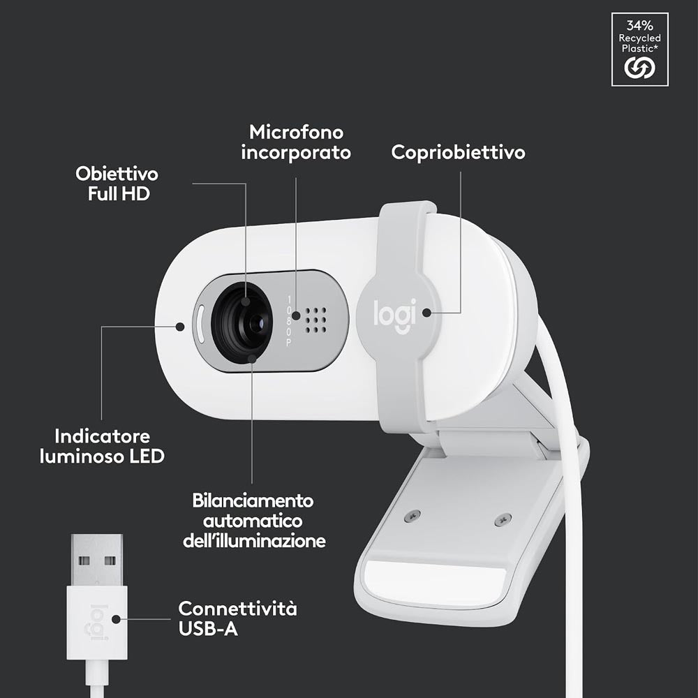 Webcam Logitech Brio 100 Full HD White per riunioni e streaming, Videochiamate HD Widescreen, Correzione Automatica Luminosità, Microfono Riduzione del Rumore (Copia)