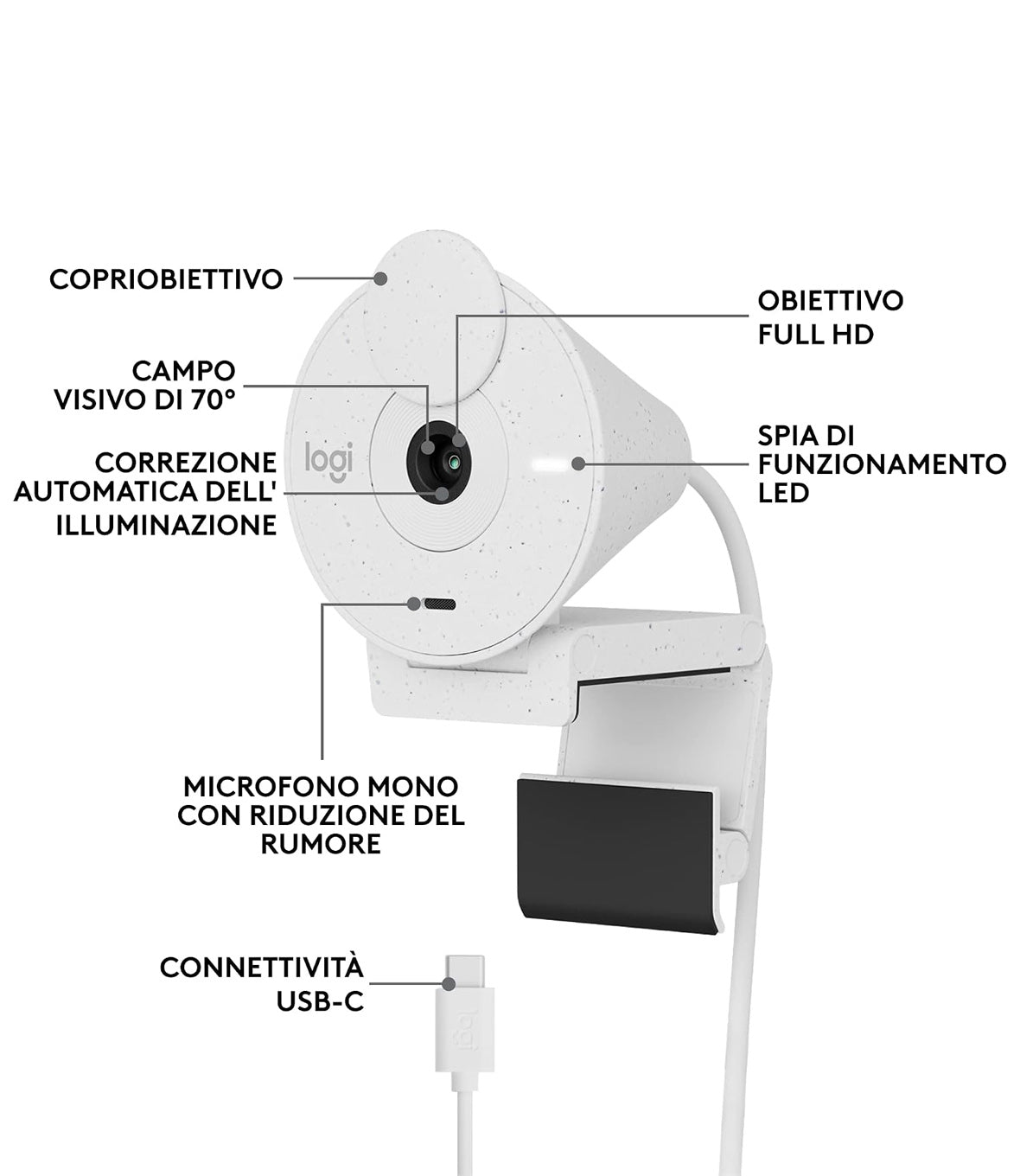 Webcam Logitech Brio 300 Full HD White per riunioni e streaming, Videochiamate HD Widescreen, Correzione Automatica Luminosità, Microfono Riduzione del Rumore