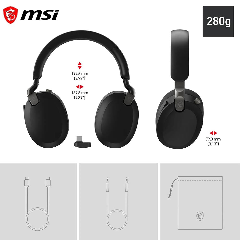 Cuffie Gaming msi MAESTRO 500 WIRELESS BLACK Cancellazione Attiva del Rumore , Bluetooth 5.4, Cablato 3.5mm, Microfono Flip-to-Mute