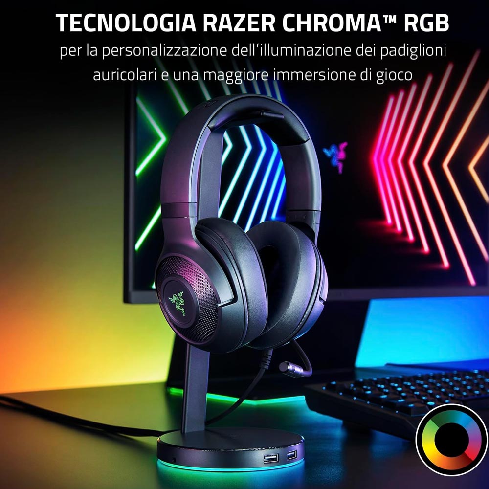 Cuffie Gaming Razer Kraken V3 x Ultralight RGB , Microfono cardioide piegabile Razer Chroma RGB 7.1 Surround Sound Per PC