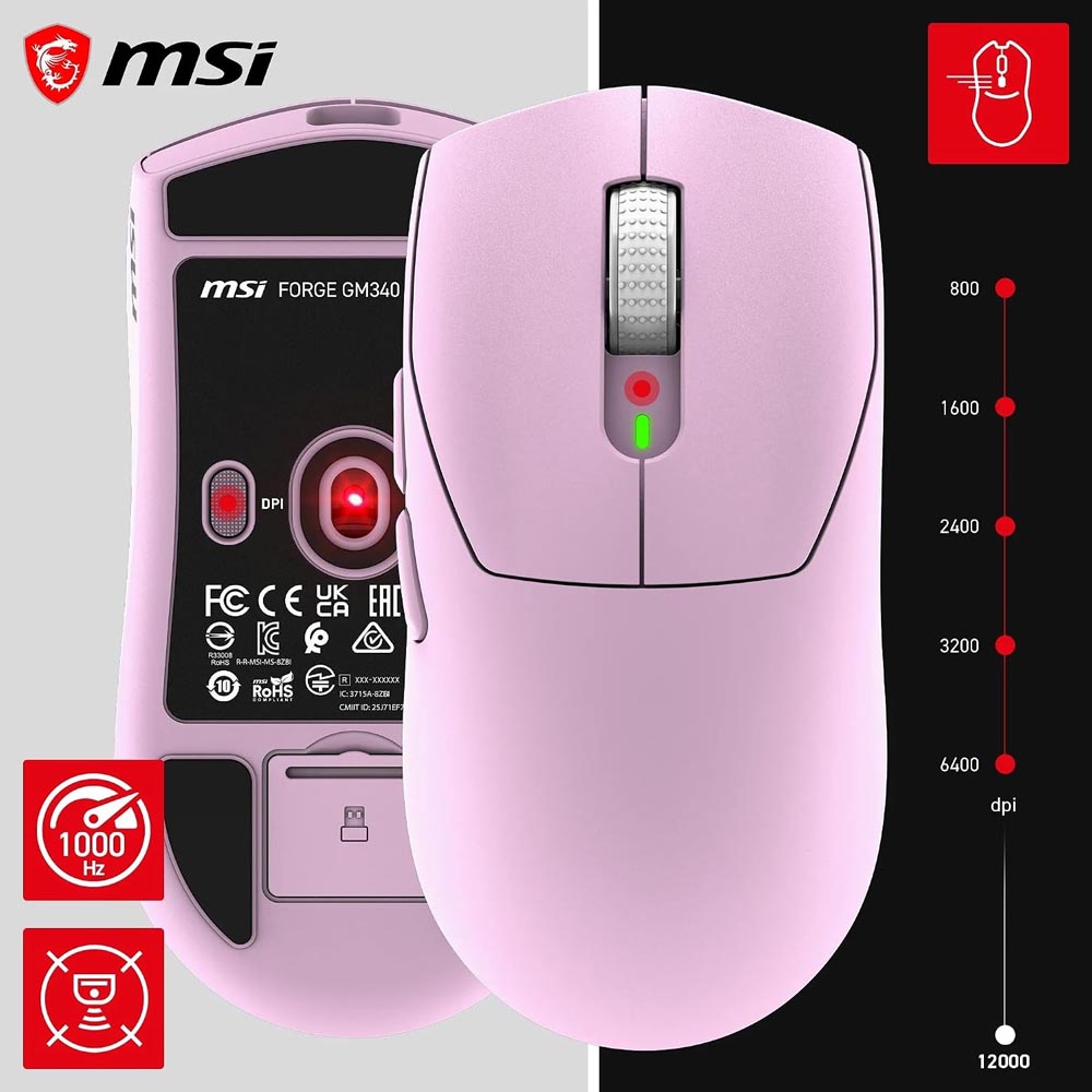 msi Forge GM340 Wireless Violet Mouse Gaming Wireless Wired 12000 DPI , autonomia 82 ore, latenza 1 ms, 57g
