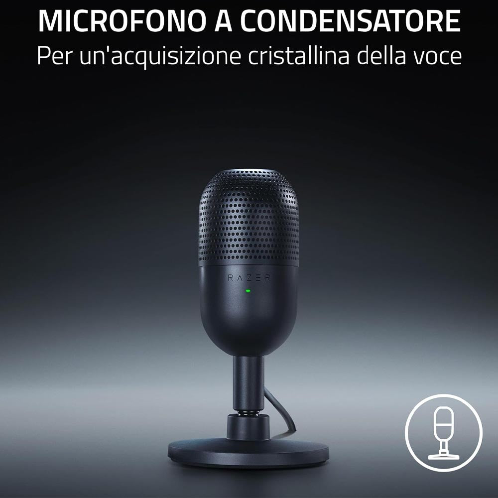 Razer Seiren V3 Mini – Microfono USB Ultracompatto a Condensatore da 14 mm con Sensore Tap-to-Mute, Supercardioide, Nero