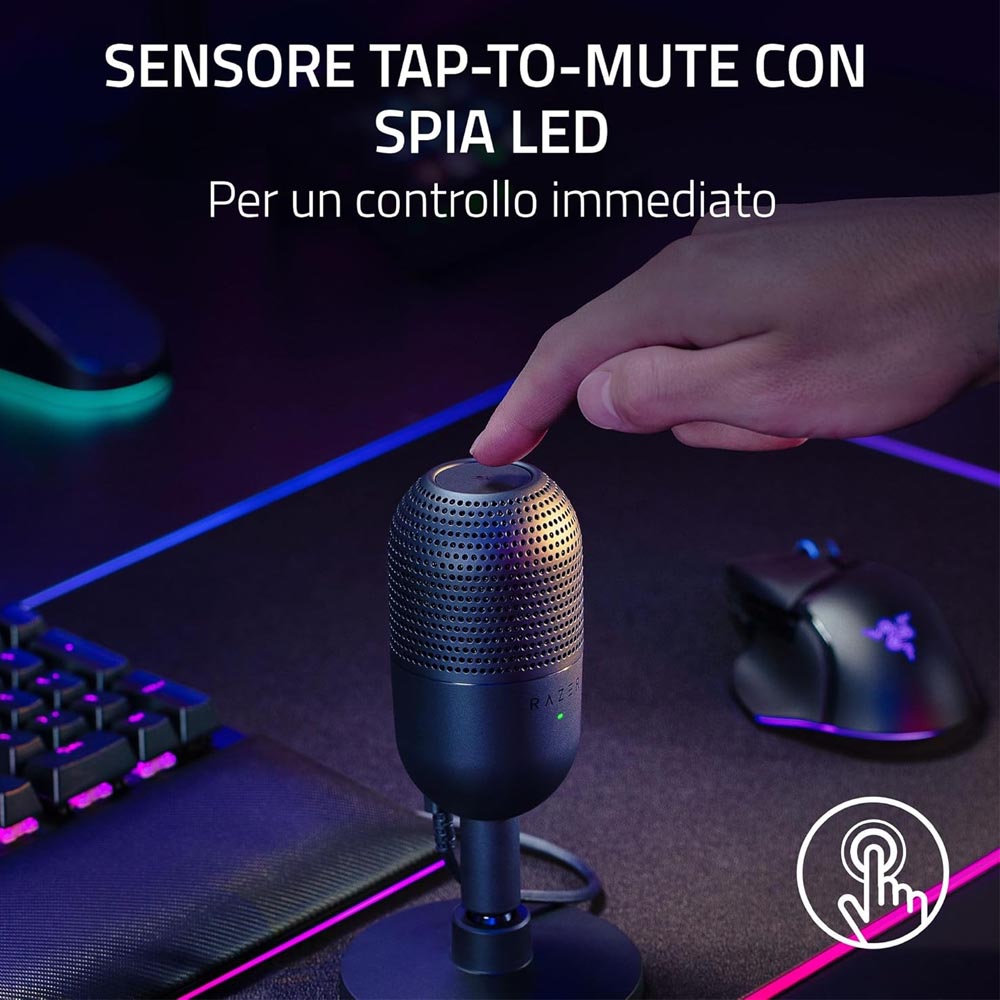 Razer Seiren V3 Mini – Microfono USB Ultracompatto a Condensatore da 14 mm con Sensore Tap-to-Mute, Supercardioide, Nero