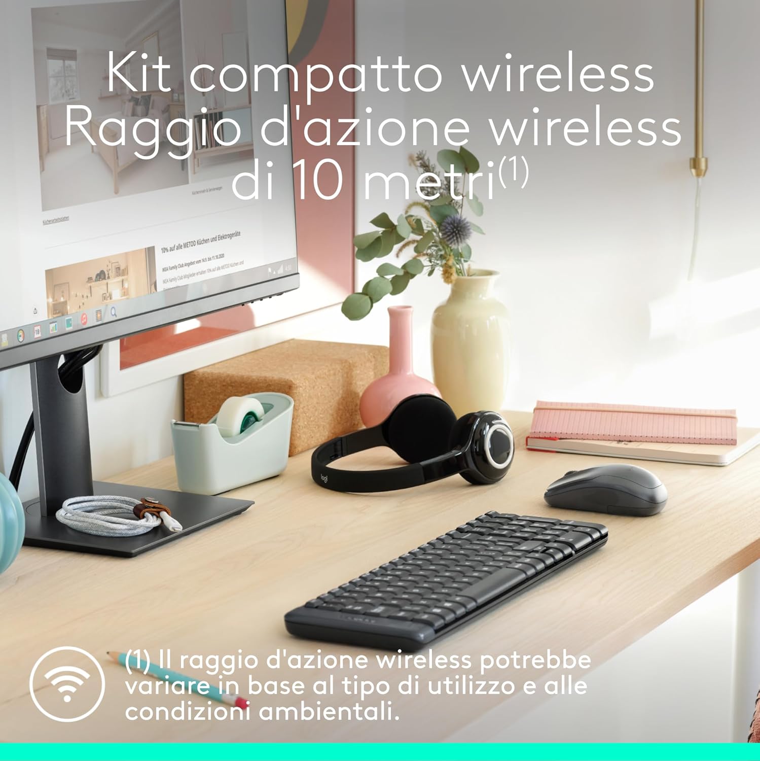 Kit Tastiera e Mouse Wireless Logitech MK220 Compatibile con PC, Laptop