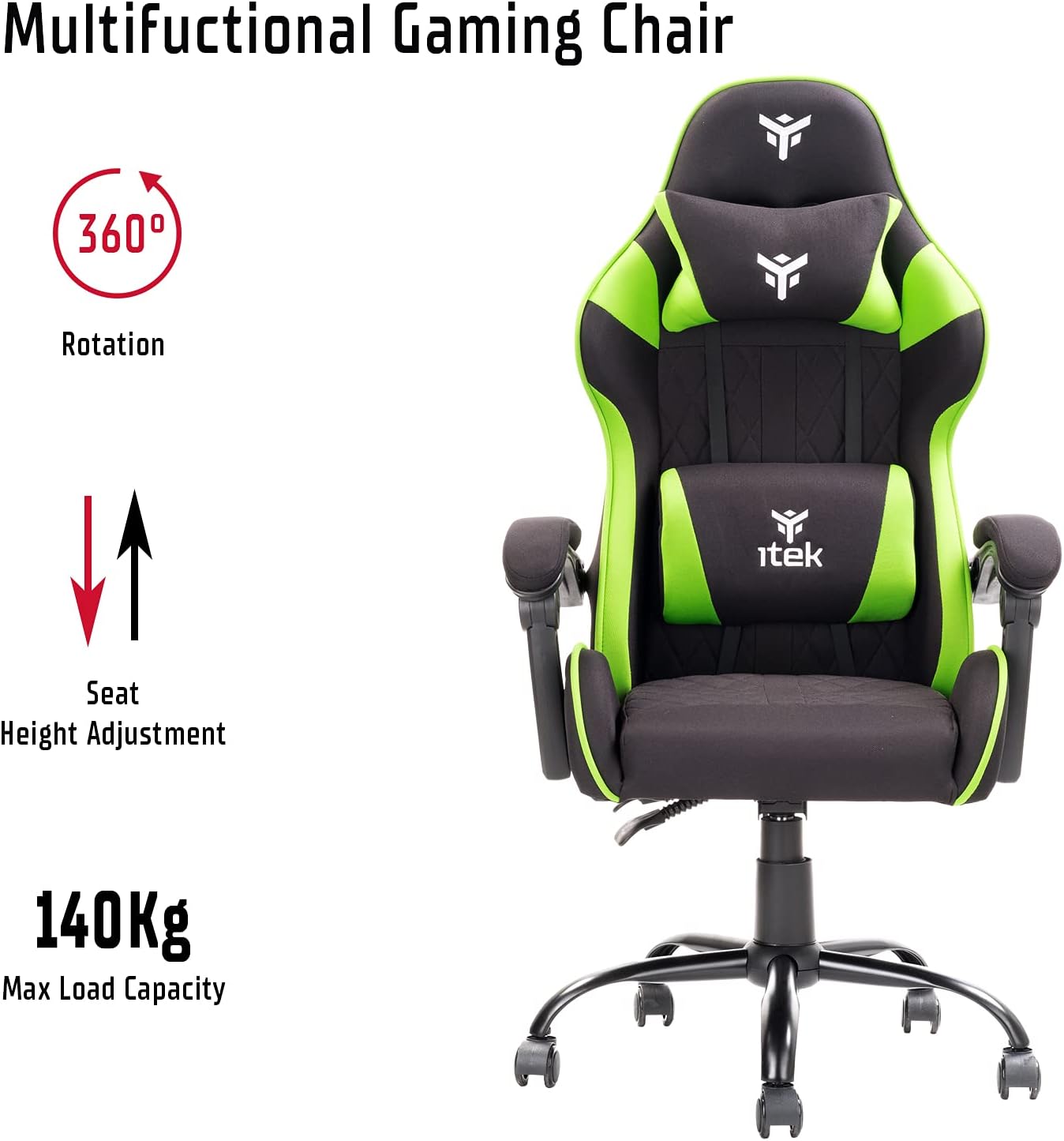 ITEK BLACK/GREEN GAMING SEAT IN FABRIC, RECLINING BACKREST, DOUBLE CUSHION, Gaming Chair RHOMBUS FF10 