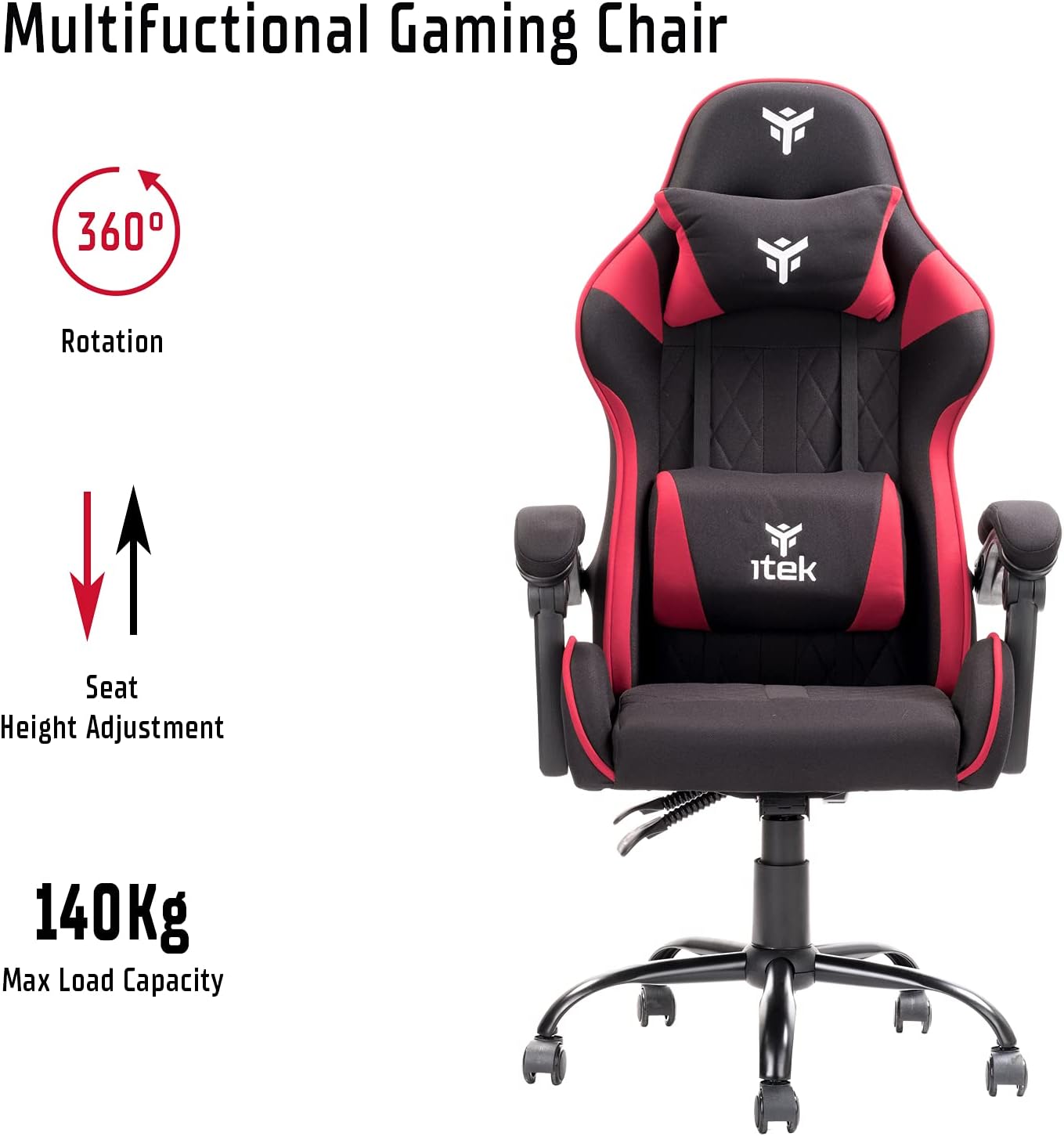 ITEK BLACK/RED GAMING SEAT IN FABRIC, RECLINING BACKREST, DOUBLE CUSHION, Gaming Chair RHOMBUS FF10 