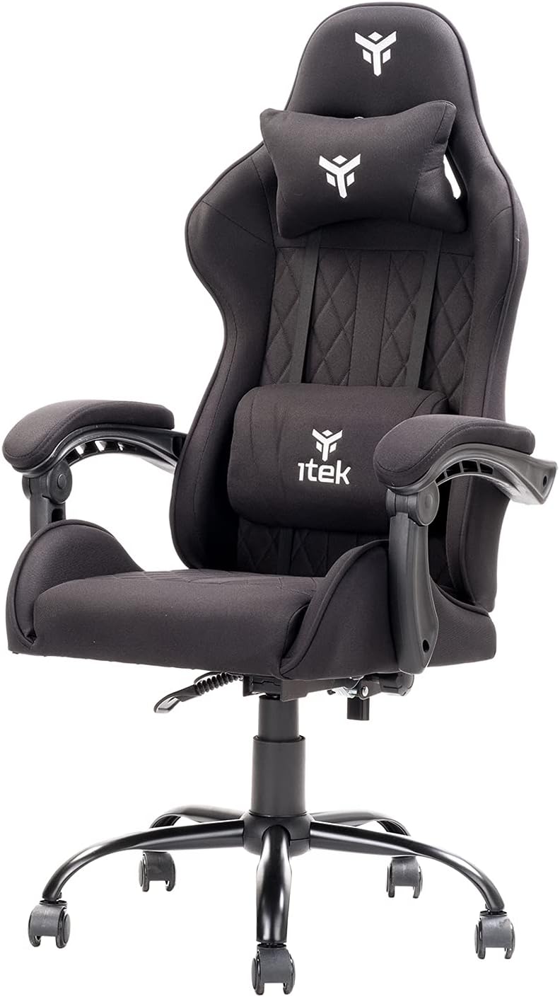 ITEK BLACK GAMING SEAT IN FABRIC, RECLINING BACKREST, DOUBLE CUSHION, Gaming Chair RHOMBUS FF10 