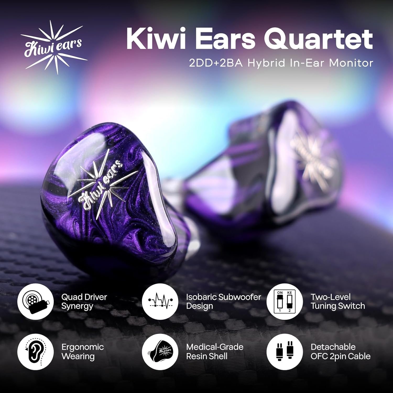 Cuffie Da Gioco, Kiwi Ears Quartet – Auricolari In-Ear Ibridi 2DD+2BA con Tuning Personalizzabile & Bassi Subwoofer