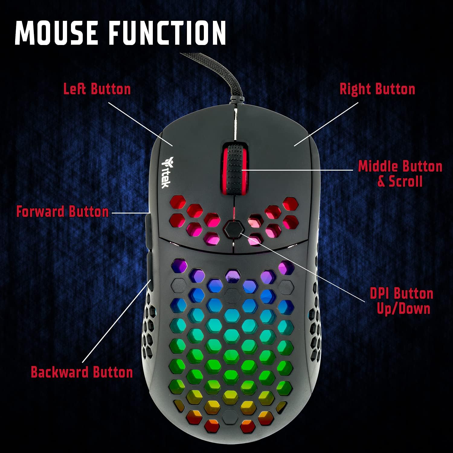 Mouse Gaming RGB Con Filo Itek G71-12000DPI, Software, Sensore P3327, ultra leggero, nido d'ape