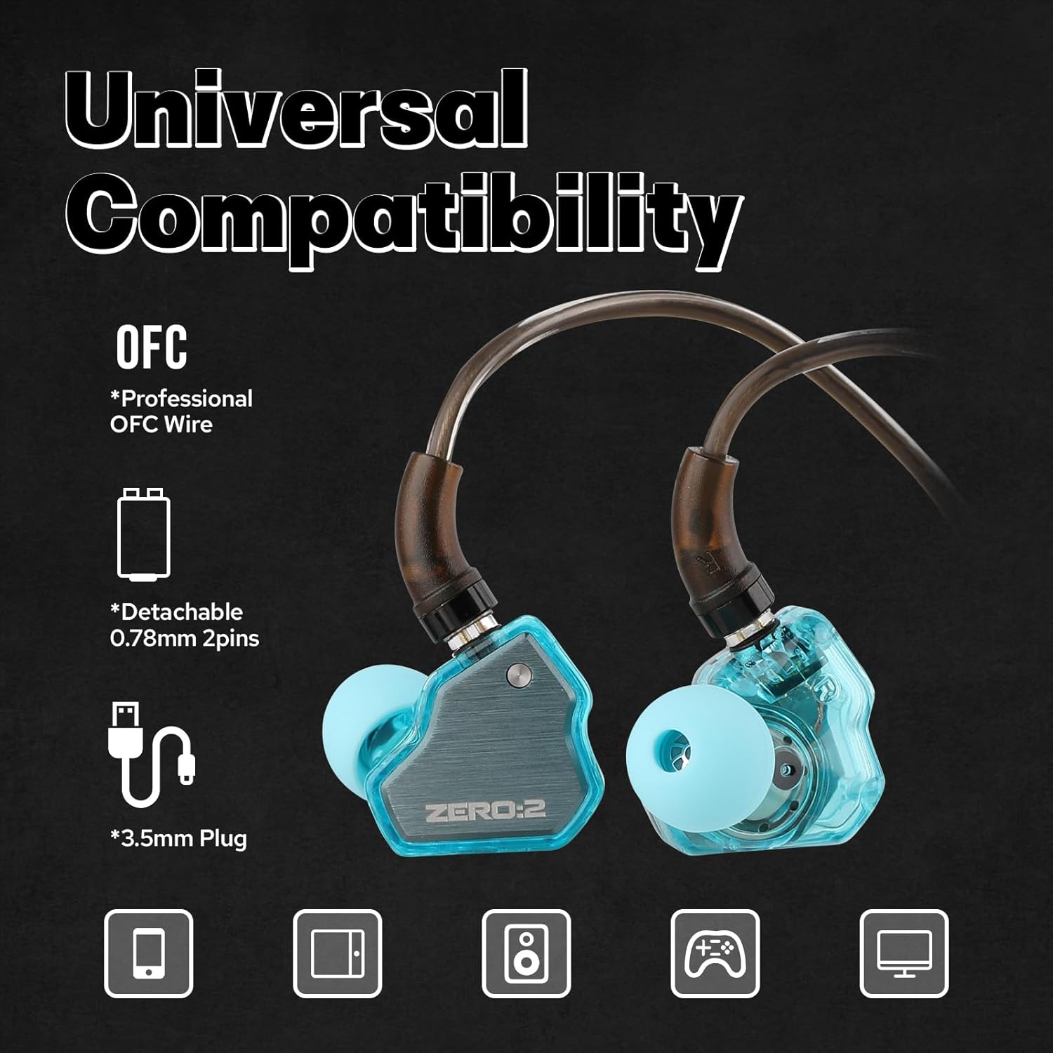 Cuffie Da Gioco, Linsoul 7Hz x Crinacle Zero:2 – Auricolari In-Ear Hi-Fi con Driver Dinamico 10m m & Tuning Potenziato ( Senza Mic, Blu)