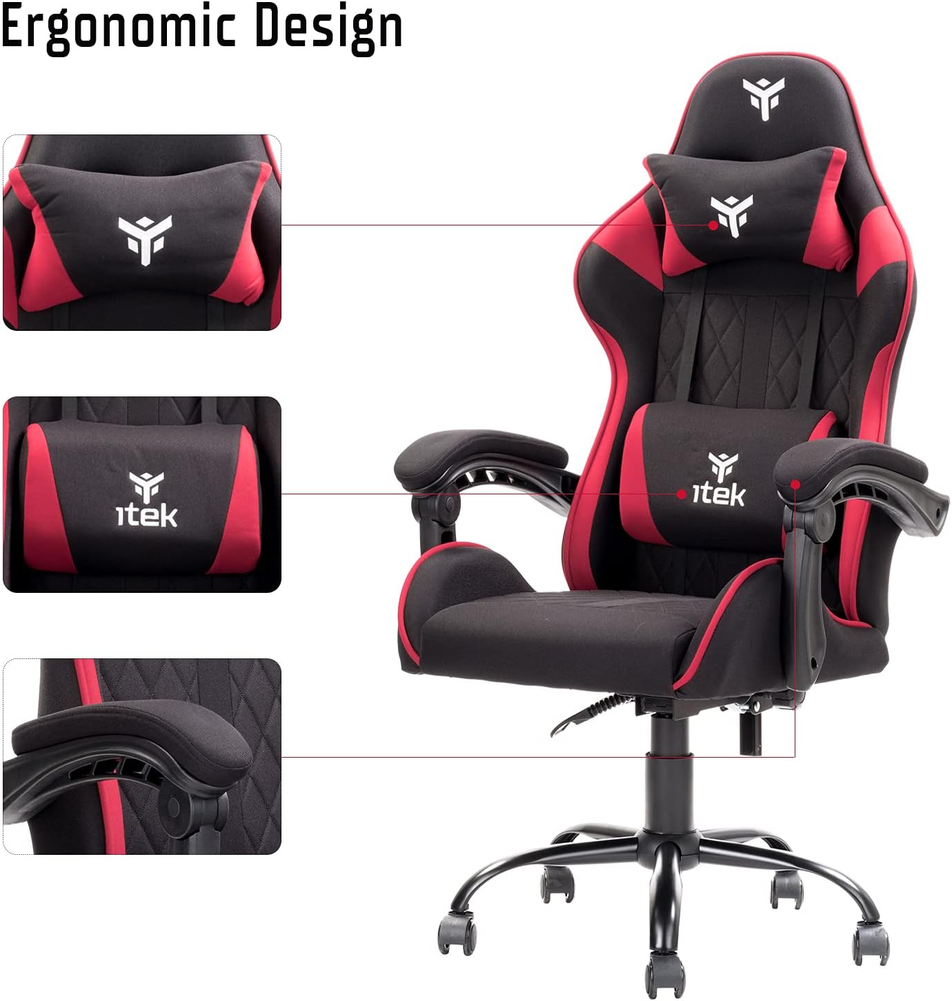 ITEK BLACK/RED GAMING SEAT IN FABRIC, RECLINING BACKREST, DOUBLE CUSHION, Gaming Chair RHOMBUS FF10 