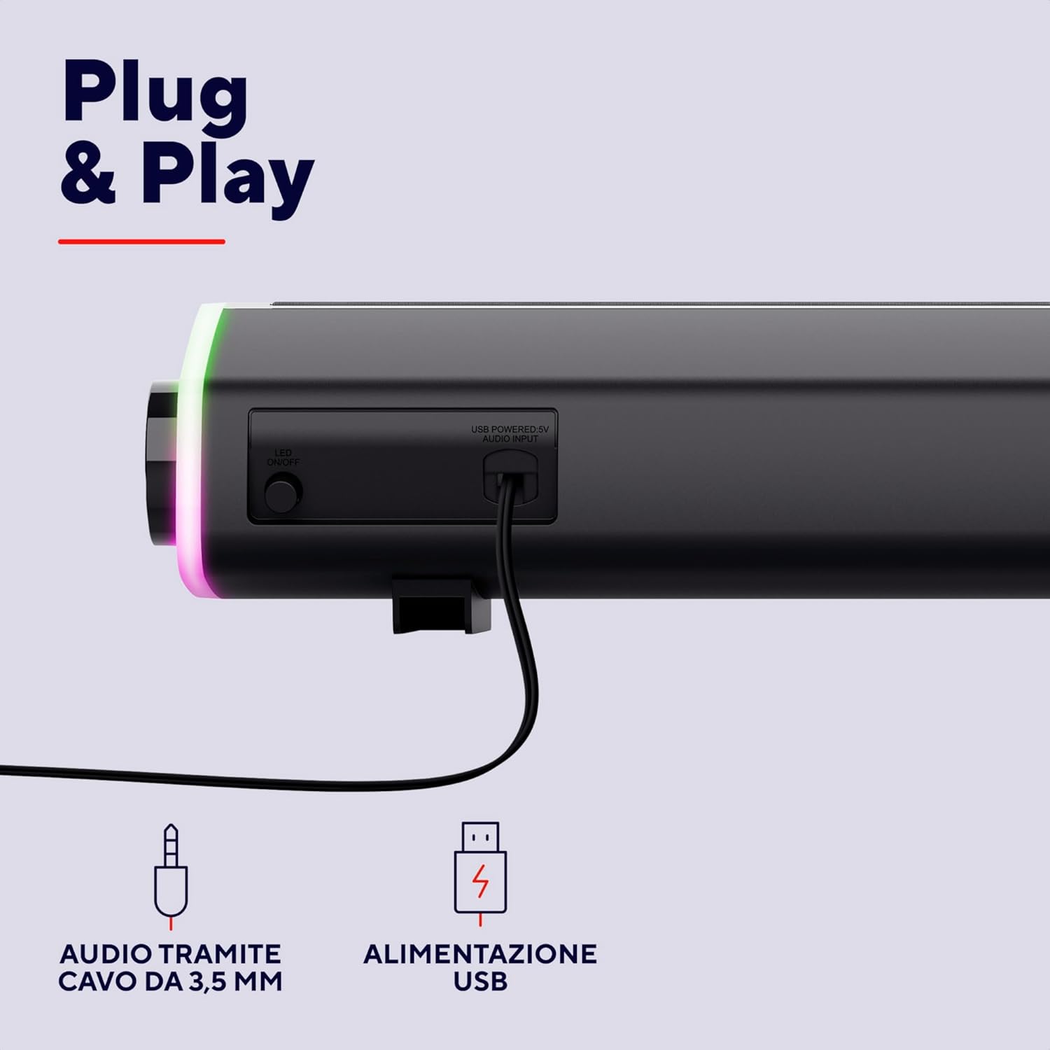 Speaker USB Trust Liro Soundbar PC 12W, Stereo Speaker con Illuminazione LED RGB, Sound Bar Jack AUX 3.5 mm, Casse PC