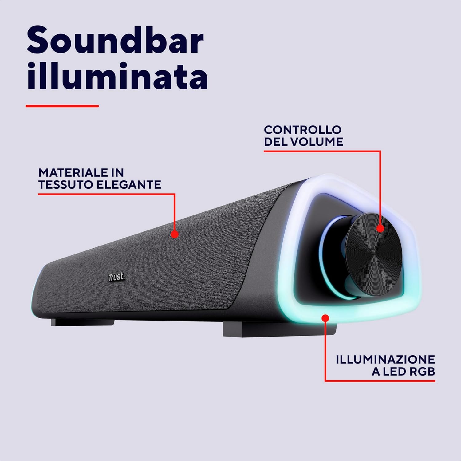 Speaker USB Trust Liro Soundbar PC 12W, Stereo Speaker con Illuminazione LED RGB, Sound Bar Jack AUX 3.5 mm, Casse PC