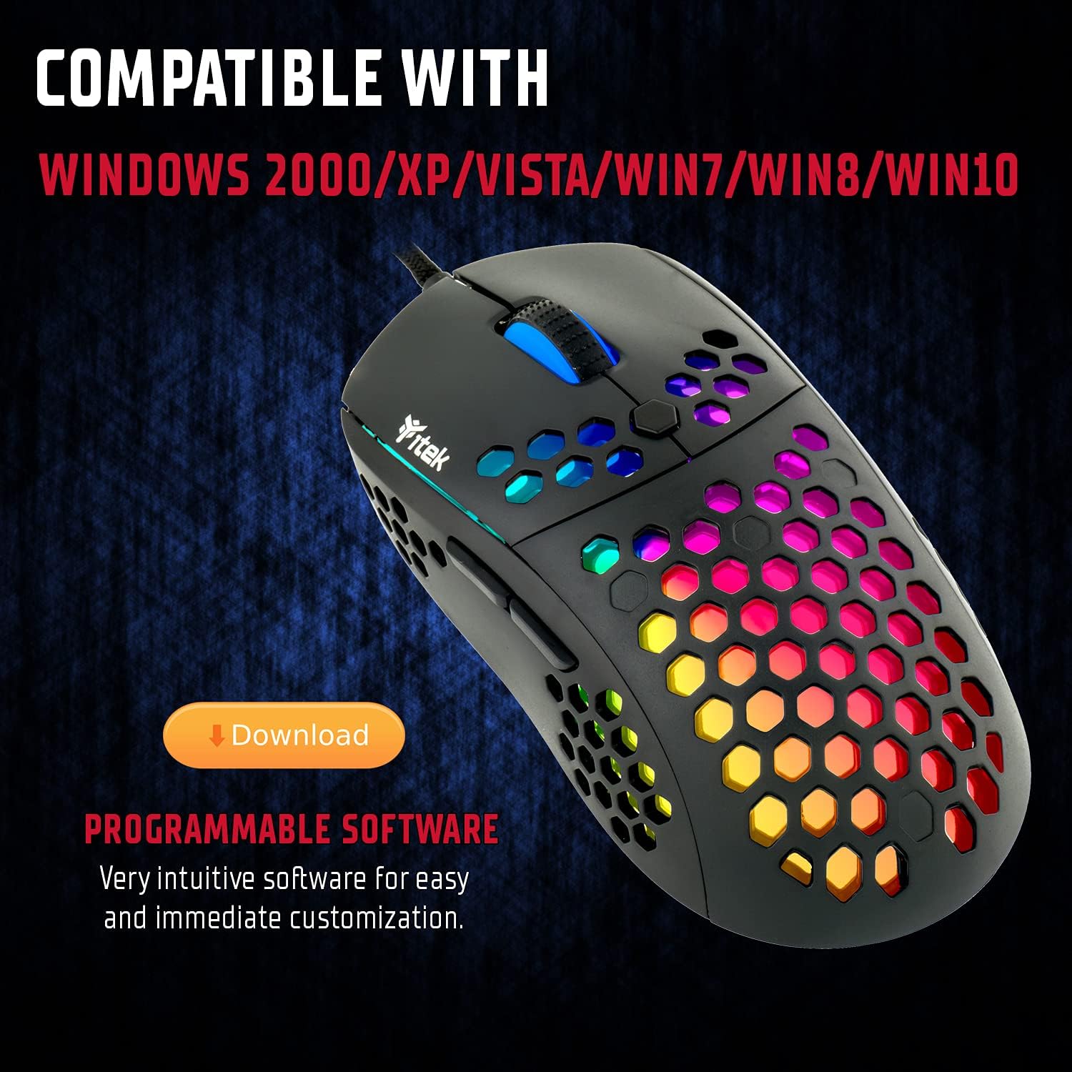 Mouse Gaming RGB Con Filo Itek G71-12000DPI, Software, Sensore P3327, ultra leggero, nido d'ape