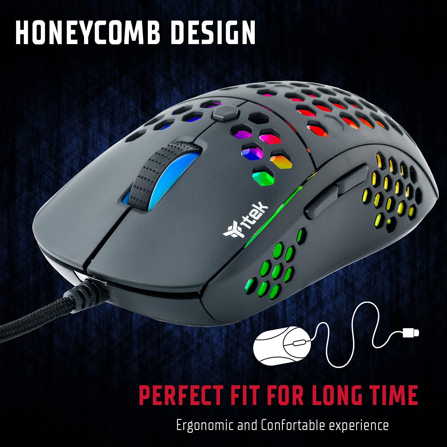 Itek G71-12000DPI Wired RGB Gaming Mouse, Software, P3327 Sensor, ultra light, honeycomb 
