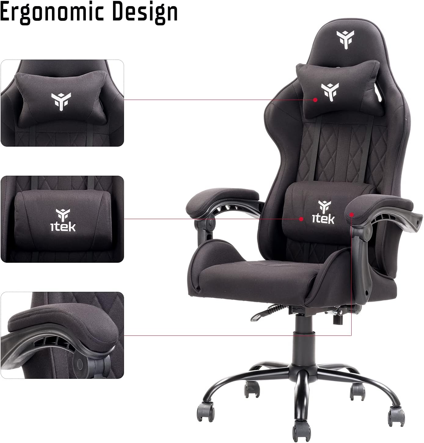 ITEK BLACK GAMING SEAT IN FABRIC, RECLINING BACKREST, DOUBLE CUSHION, Gaming Chair RHOMBUS FF10 