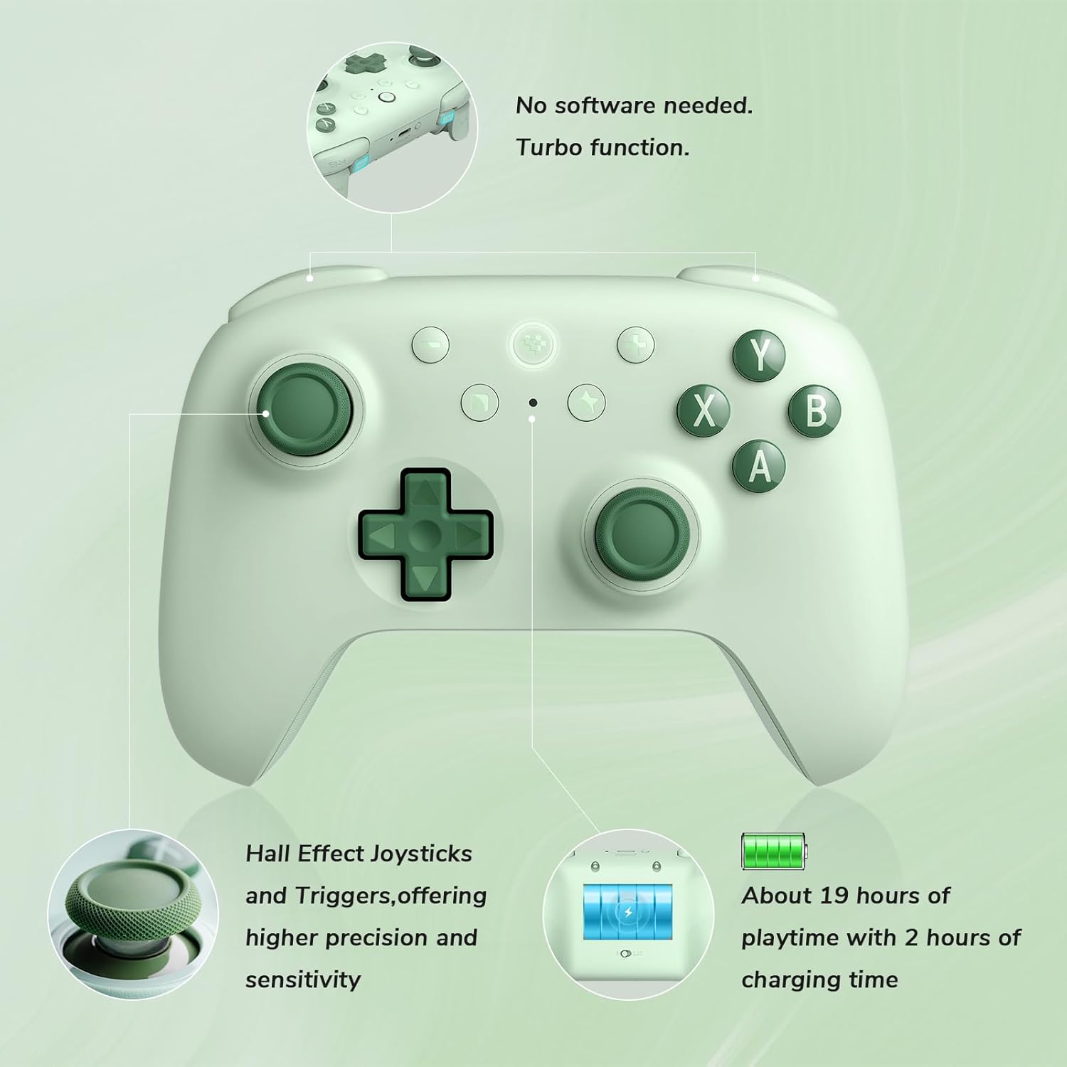 Controller Wireless per PC Windows e Android, Frequenza di Polling 1000Hz, Joystick Hall Effect/Hall Trigger, Paraurti L4/R4 Rimappabili, Funzione Turbo (Verde)