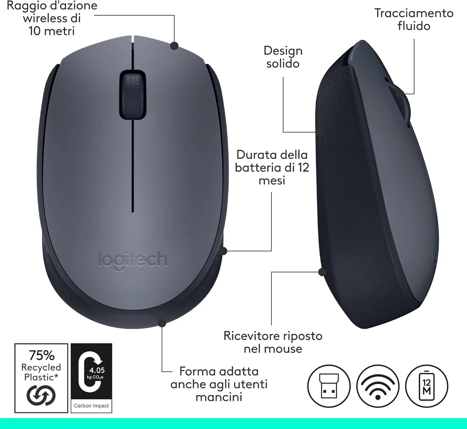 Logitech M170 Mouse Ottico 800dpi 2 tasti Wireless Nero - BREUNOR