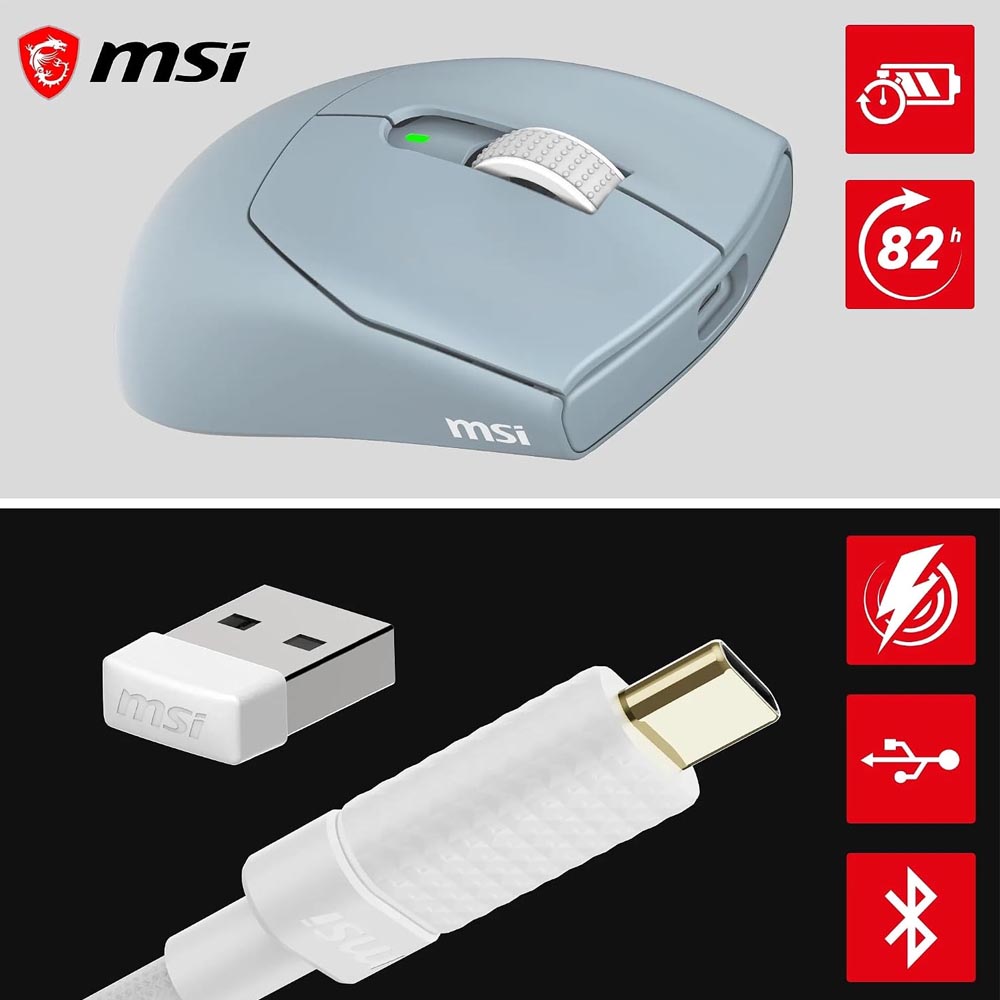 msi Forge GM340 Wireless Sky Mouse Gaming Wireless Wired 12000 DPI , autonomia 82 ore, latenza 1 ms, 57g
