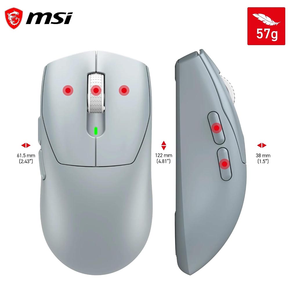 msi Forge GM340 Wireless Sky Mouse Gaming Wireless Wired 12000 DPI , autonomia 82 ore, latenza 1 ms, 57g