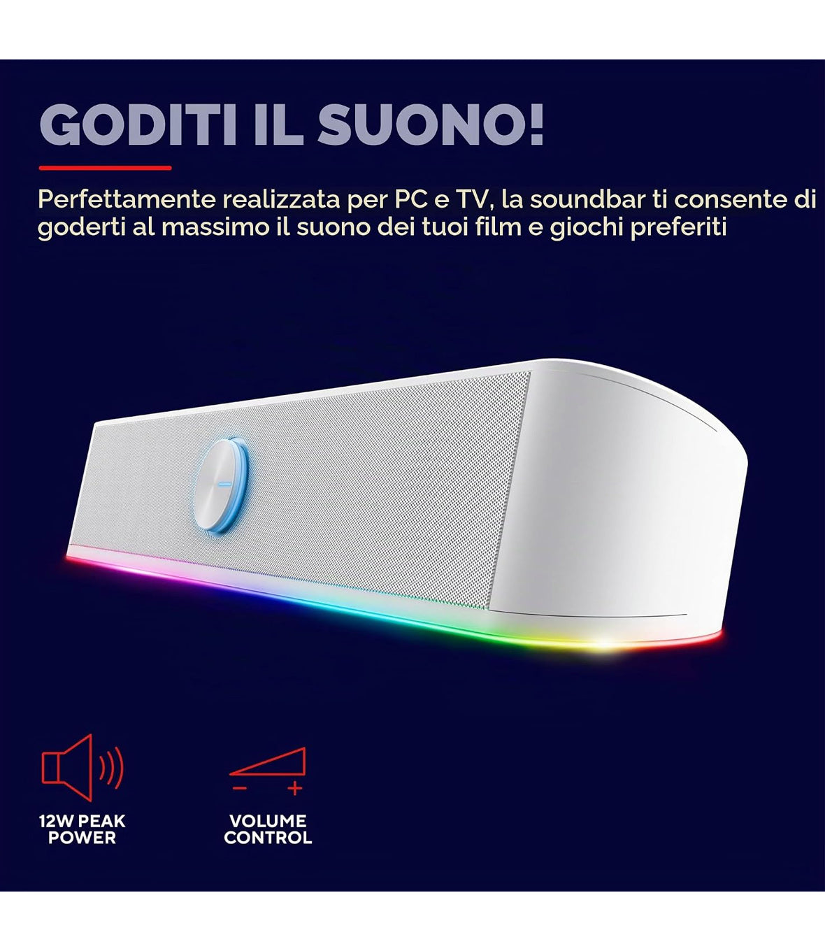 Speaker USB Trust GXT 619W Thorne White RGB LED SOUNDBAR 2.0 canali 12 W Stereo Speaker con Illuminazione LED RGB, Sound Bar Jack AUX 3.5 mm, Casse PC