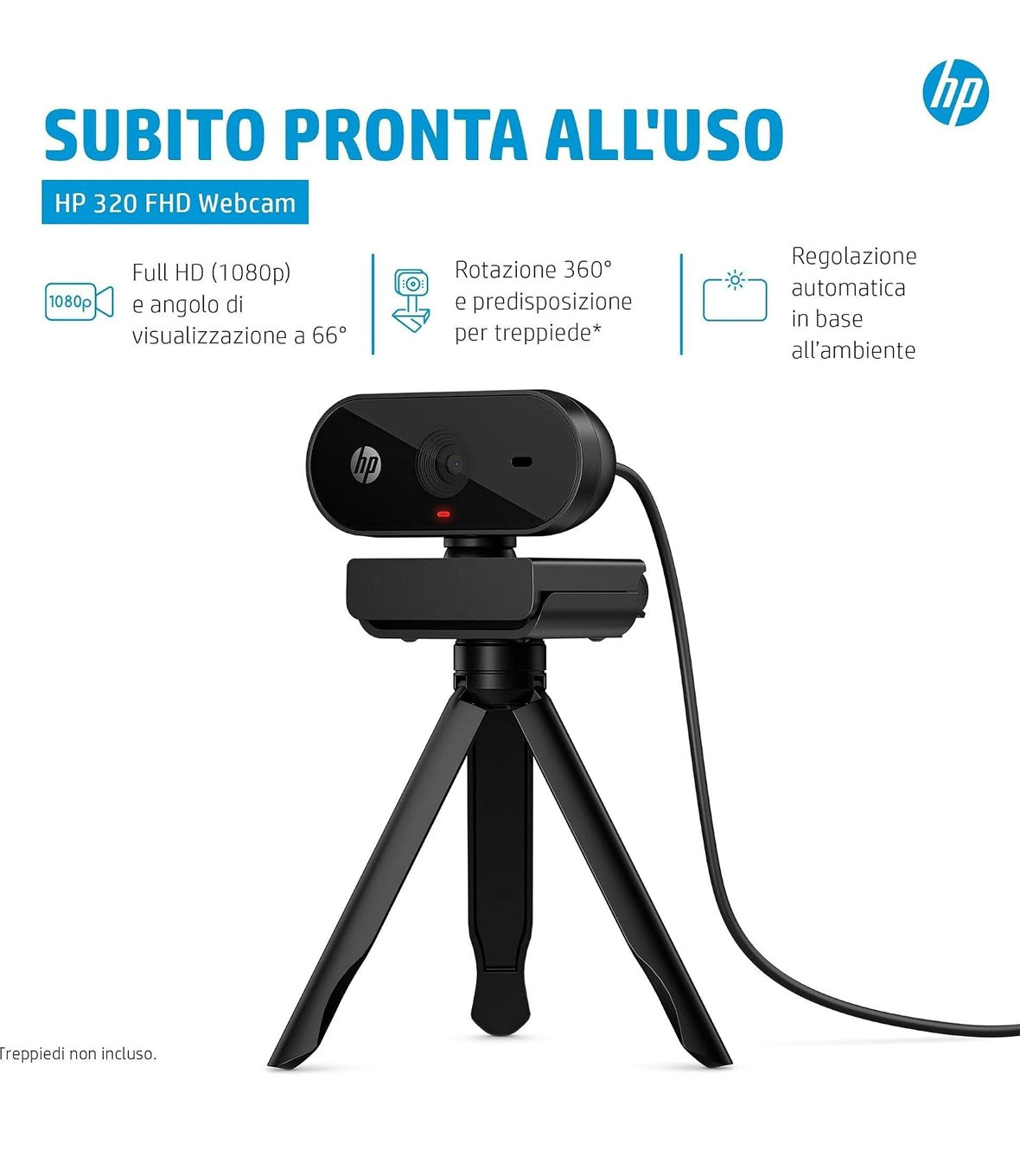 HP 320 Webcam FHD 1080P, USB, Grandangolare, Copriobiettivo, Angolazione regolabile per riunioni e streaming, Videochiamate HD Widescreen