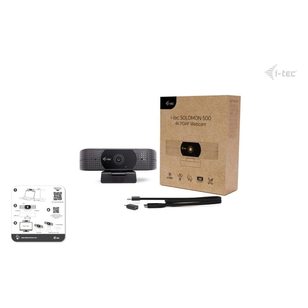 Webcam I-TEC SOLOMON 500 4K PDAF - 2 Microfoni Incorporati, Autofocus PDAF per una messa a fuoco rapida e stabile , per riunioni e streaming