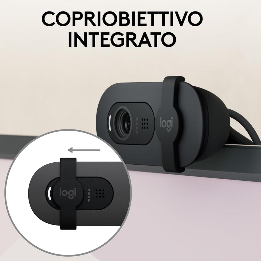 Webcam Logitech Brio 100 Full HD per riunioni e streaming, Videochiamate HD Widescreen, Correzione Automatica ‎Luminosità, Microfono Riduzione del Rumore