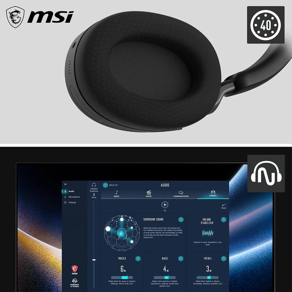 Cuffie Gaming msi MAESTRO 500 WIRELESS BLACK Cancellazione Attiva del Rumore , Bluetooth 5.4, Cablato 3.5mm, Microfono Flip-to-Mute