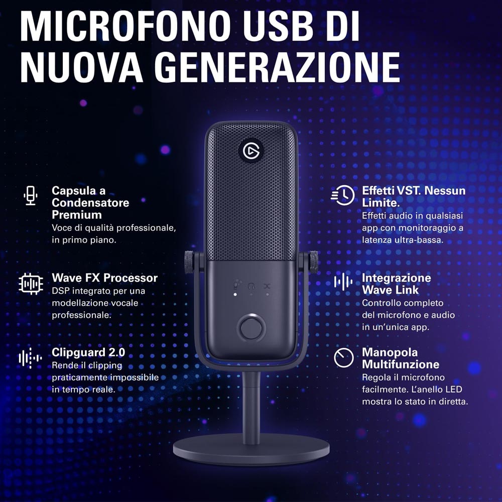 Elgato Wave:3 MK.2 – Microfono a Condensatore USB Professionale con Processore DSP Wave FX, Clipguard 2.0 e Auto Gain