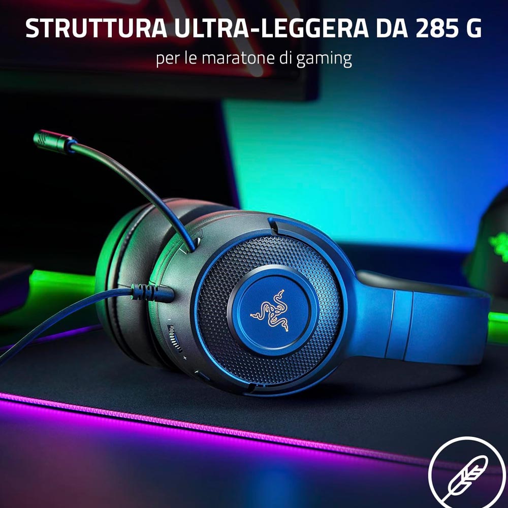 Cuffie Gaming Razer Kraken V3 x Ultralight RGB , Microfono cardioide piegabile Razer Chroma RGB 7.1 Surround Sound Per PC