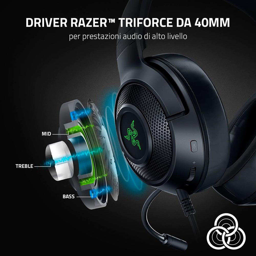 Cuffie Gaming Razer Kraken V3 x Ultralight RGB , Microfono cardioide piegabile Razer Chroma RGB 7.1 Surround Sound Per PC