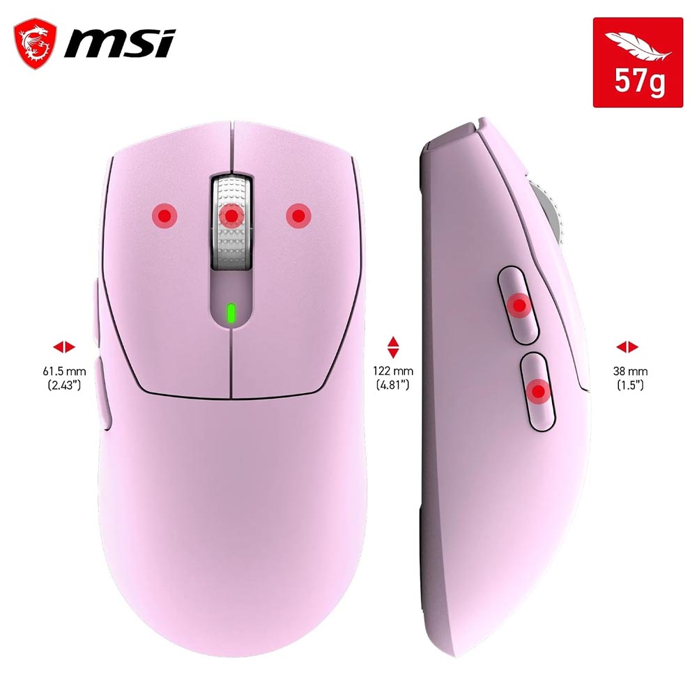 msi Forge GM340 Wireless Violet Mouse Gaming Wireless Wired 12000 DPI , autonomia 82 ore, latenza 1 ms, 57g