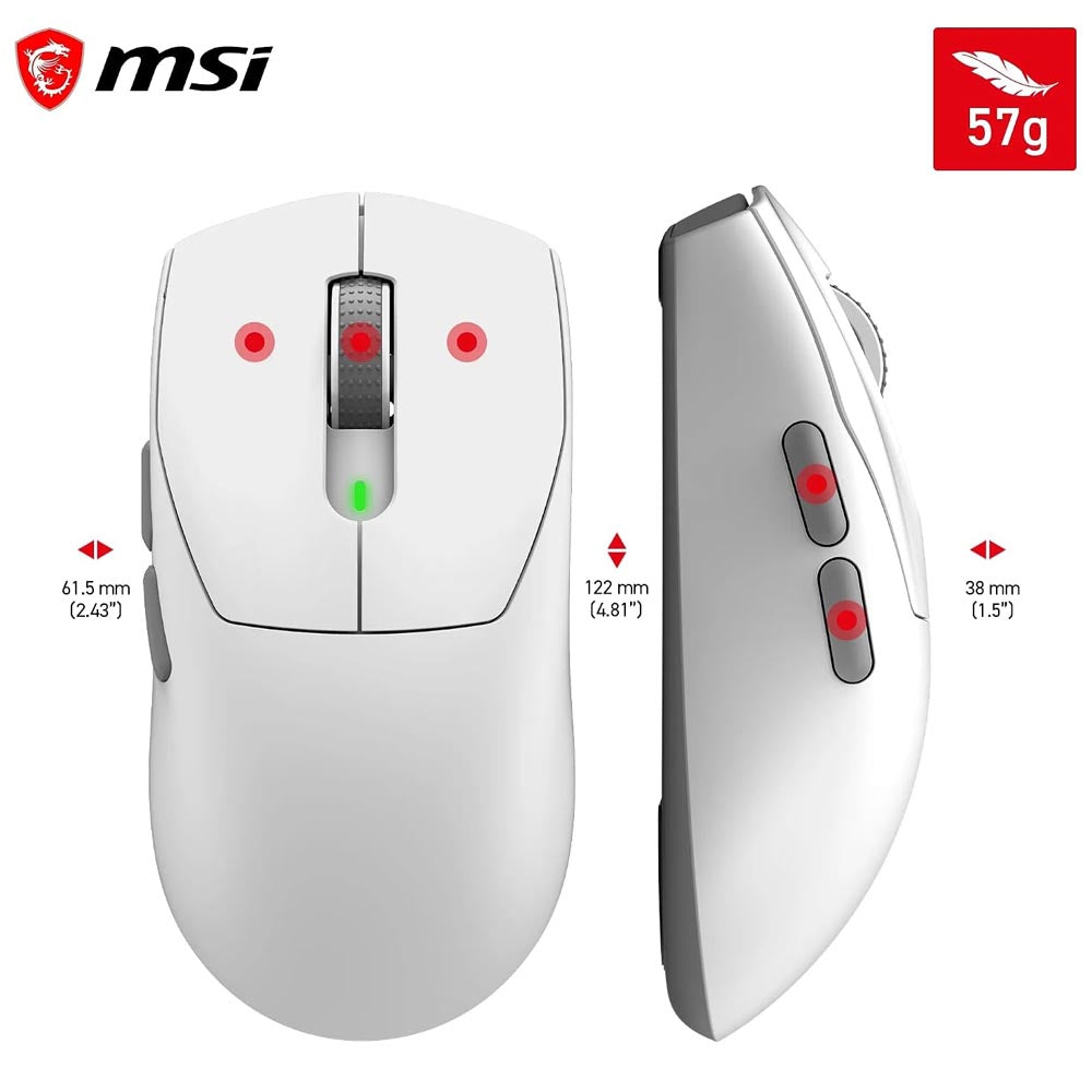 msi Forge GM340 Wireless White Mouse Gaming Wireless Wired 12000 DPI , autonomia 82 ore, latenza 1 ms, 57g