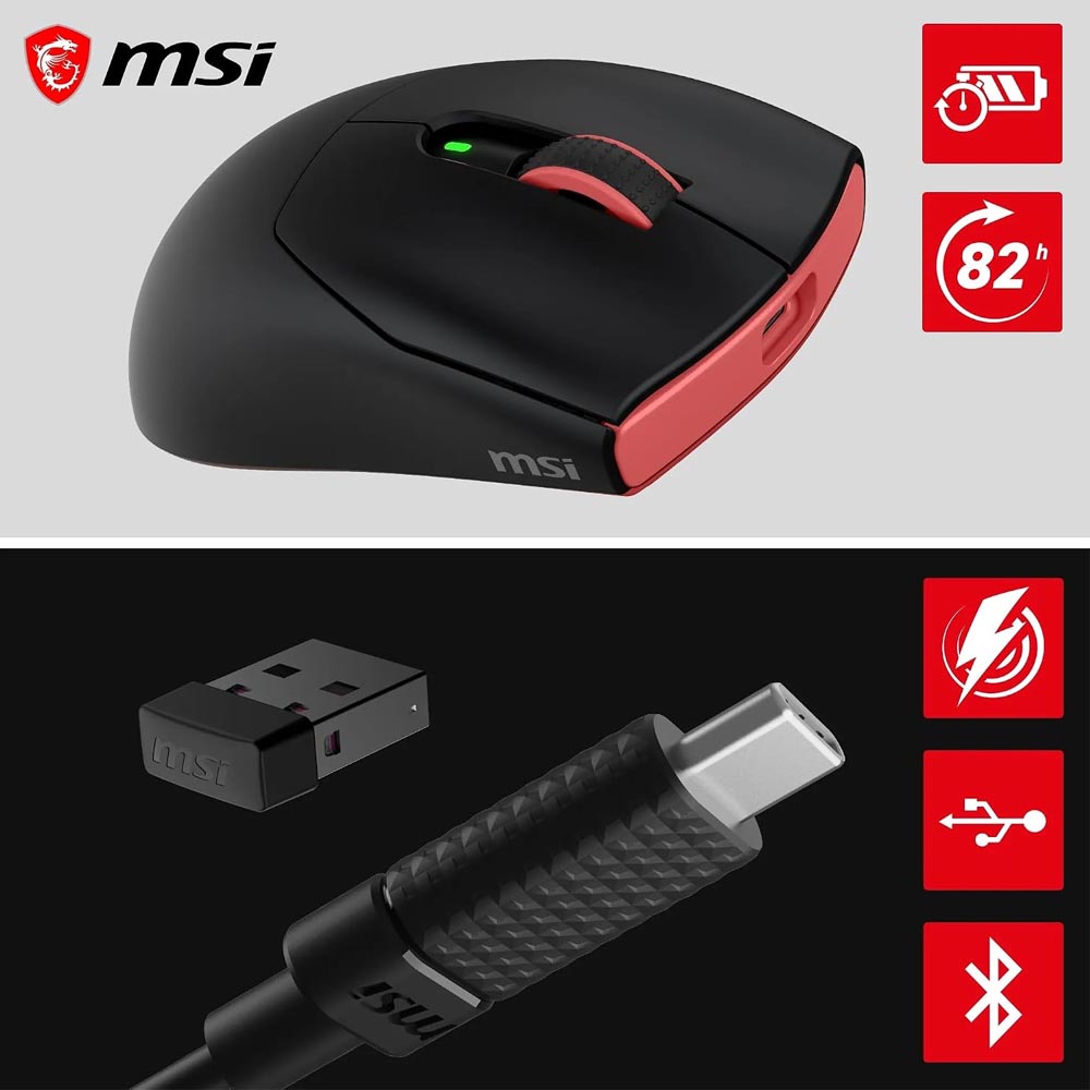 msi Forge GM340 Wireless Black Mouse Gaming Wireless Wired 12000 DPI , autonomia 82 ore, latenza 1 ms, 57g