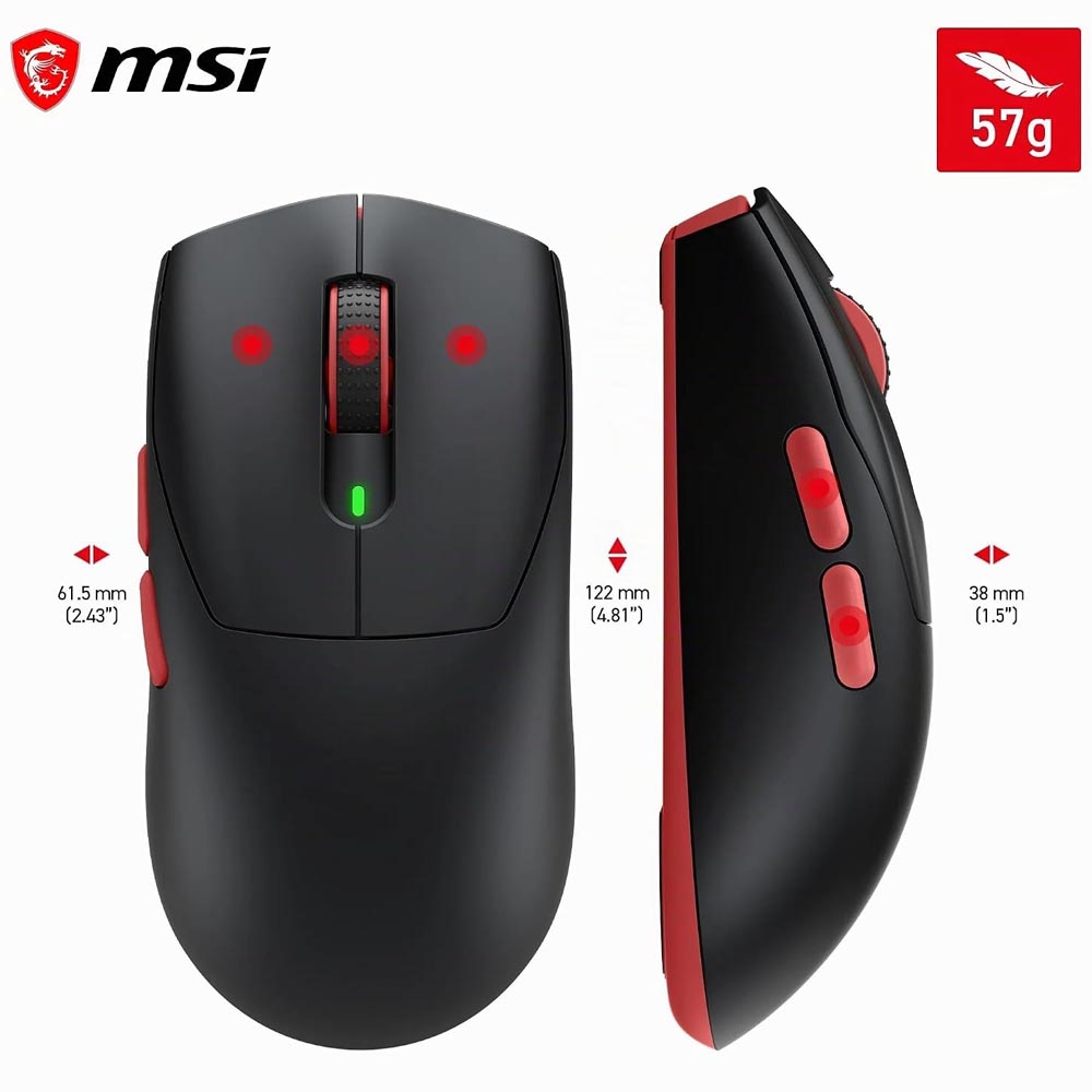 msi Forge GM340 Wireless Black Mouse Gaming Wireless Wired 12000 DPI , autonomia 82 ore, latenza 1 ms, 57g