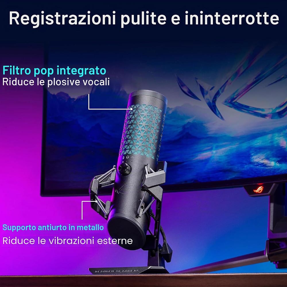 ASUS ROG Carnyx – Microfono da Gaming USB a Condensatore da 25 mm di Livello Studio, Filtro Passa-Alto, Shock Mount Integrato e Aura Sync, Nero